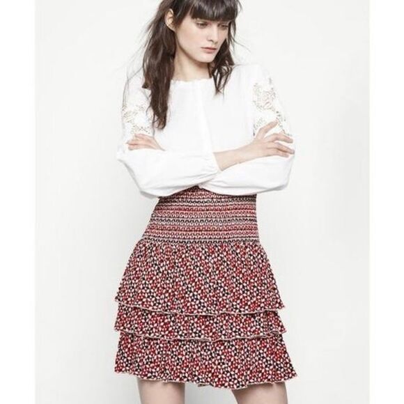 Maje Red and Black Print With Elastic Skirt - Picture 1 of 7